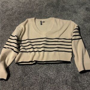 H&M Cream and Black Striped V-Neck Sweater